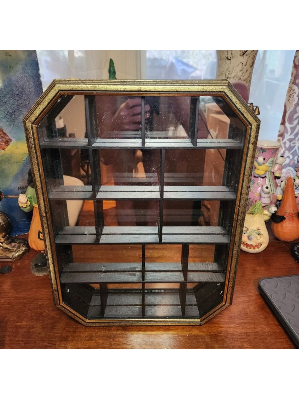 Vintage Octagonal Wall-Mounted Curio Display Cabinet With Mirrored Back And Glas